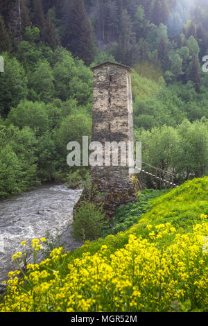 Turm von Harderwijk Village Museum in swanetien. Obere Swanetien - UNESCO-Weltkulturerbe. Georgien, Europa. Stockfoto