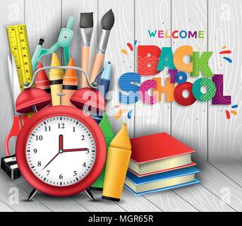 Bunte und gemusterte Zurück zu Schule Text in 3D realistische Plakat mit Wecker, Bücher, Stifte und andere Schulsachen in Holz- Hintergrund. Stock Vektor