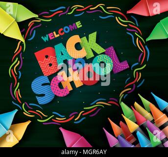 Zurück zu Schule bunt gemusterten Text kreative Poster mit Buntstiften und Farbstifte im Schwarzen Brett Hintergrund begrüßen. Vector Illustration Stock Vektor