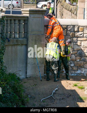 Edinburgh, Großbritannien. 29. April 2018. „Water of Leith Conservation Trust Clean up“-Veranstaltung; Freiwillige aus der schottischen Geocaching-Gemeinde verbrachten heute mehrere Stunden an einem sonnigen Nachmittag damit, Müll aus einem Abschnitt des Leith-Flussufers zu räumen. Dies ist eine jährliche Veranstaltung, die vom Water of Leith Conservation Trust organisiert wird. Männer, die an der Säuberung teilnahmen, gaben einem Mann ein Bein über einer Wand, nachdem er Müll aus dem Fluss gesammelt hatte Stockfoto