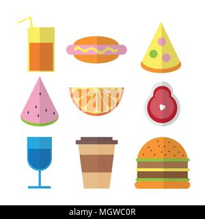Flachbild fast food bunten Abbildungen in hellen Farben Stock Vektor