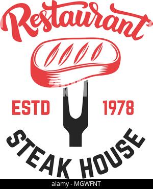 Ein Steak House. Fleisch Fleisch geschnitten und gekreuzten Hackmesser. Design Element für Logo, Label, Emblem. Vector Illustration Stock Vektor