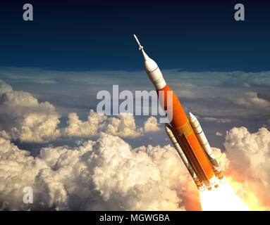 Amerikanische Space Launch System in den Wolken. 3D-Darstellung. Stockfoto