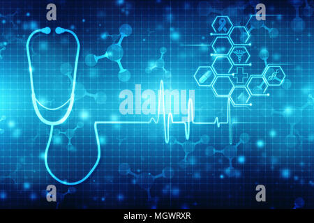 Medizinische Abstract Background, EKG-Hintergrund, 2D-rendering Stethoskop, medizinische Struktur Hintergrund Stockfoto