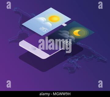 Smartphone mit Tag und Nacht Widgets Vektor isometrische Stock Vektor