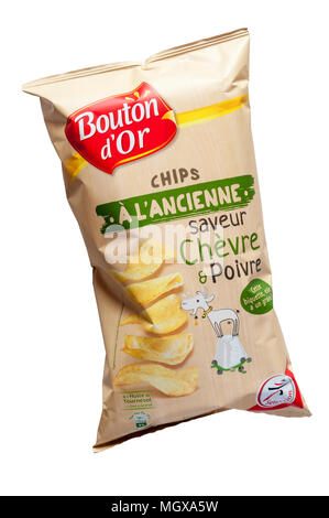 Ein Paket der Französischen Chevre & Poivre oder Ziegenkäse & Paprika gewürzte Kartoffelchips. Stockfoto