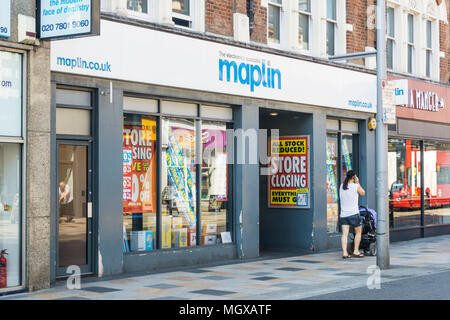 Die Schließung Maplin Electronics shop in Clapham Junction im Süden Londons. Stockfoto