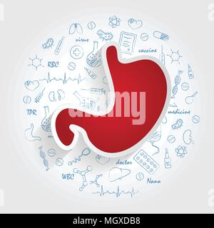 Symbole für medizinischen Spezialitäten. Gastrology und Magen Konzept. Vector Illustration mit Hand gezeichnet Medizin Doodle. Stock Vektor