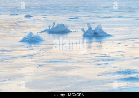 Eisformationen auf der Oberfläche eines gefrorenen See auf den Lofoten. Blume - wie Muster werden von Felsen übertragen werden, sobald der Wasserstand im späten Winter senkt. Stockfoto