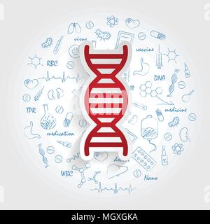 Symbole für medizinischen Spezialitäten. Genetik und DNA-Konzept. Vector Illustration mit Hand gezeichnet Medizin Doodle. Stock Vektor