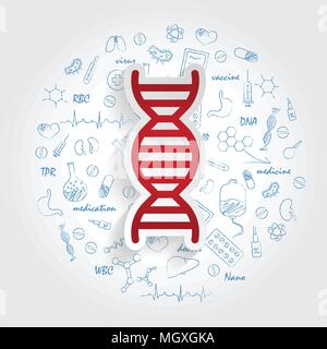 Symbole für medizinischen Spezialitäten. Genetik und DNA-Konzept. Vector Illustration mit Hand gezeichnet Medizin Doodle. Stock Vektor