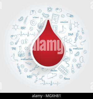 Symbole für medizinischen Spezialitäten. Hämatologie und Blut Konzept. Vector Illustration mit Hand gezeichnet Medizin Doodle. Stock Vektor