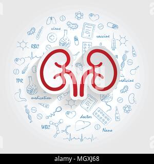 Symbole für medizinischen Spezialitäten. Nephrologie und Nieren Konzept. Vector Illustration mit Hand gezeichnet Medizin Doodle. Stock Vektor