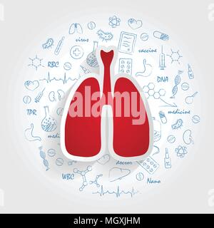Symbole für medizinischen Spezialitäten. Lungenheilkunde und Lungen Konzept. Vector Illustration mit Hand gezeichnet Medizin Doodle. Stock Vektor