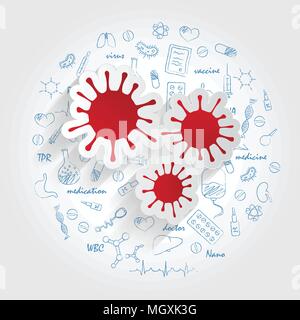 Symbole für medizinischen Spezialitäten. Virologie und Virus-Konzept. Vector Illustration mit Hand gezeichnet Medizin Doodle. Stock Vektor