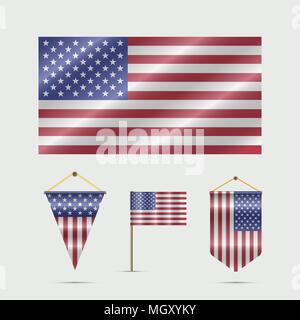 Usa Flagge, Wimpel und US-Flagge auf dem Stand. Vector Illustration. Winkte Star-Striped Flagge von verschiedenen Formen Stock Vektor