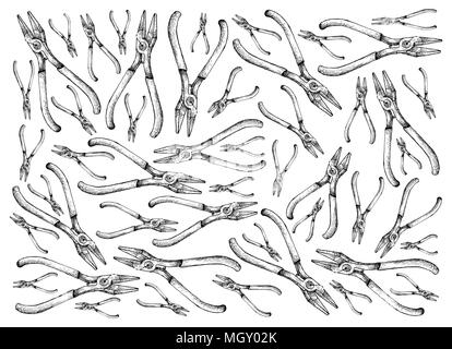 Werkzeuge, Illustration Hintergrund von Hand gezeichnete Skizze Zange. Ein Werkzeug zum Halten Objekte fest. Stockfoto