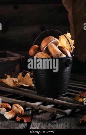 Pilze Steinpilze in einem schwarzen Eimer auf einer hölzernen Hintergrund mit Blätter im Herbst eingerichtet Stockfoto