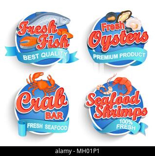 Satz frische Meeresfrüchte, Logos und Embleme. Frischer Fisch, Austern, Shrimps und Krabben bar. Vector Illustration. Für Märkte, Geschäfte und ihr Design. Stock Vektor