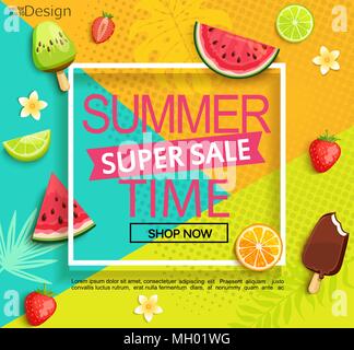 Sommer geometrische Super Sale Banner mit Früchten, Eis, Blumen. Vector Illustration. Stock Vektor