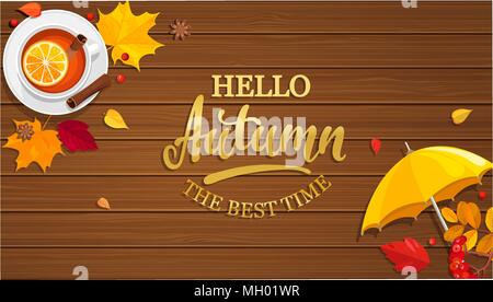 Hallo Herbst Banner auf Holz- Hintergrund mit Sonnenschirm, Kaffee und Blätter im Herbst. Vector Illustration. Stock Vektor