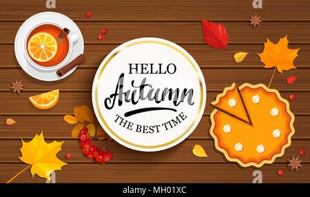 Hallo herbst Banner in gold rahmen mit Pumpkin Pie, Kaffee und Herbstlaub auf Holz- Hintergrund. Vector Illustration. Stock Vektor