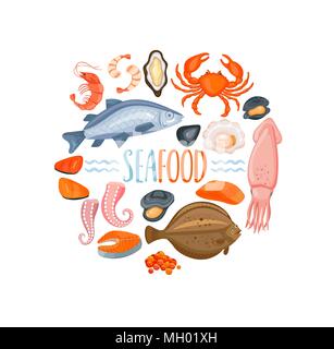 Satz von seafod Symbole im Comic-stil, Vector Illustration. Muscheln, Austern, Krabben, Lachs, Garnelen und Tintenfisch, Garnelen, Muscheln, Lachs, Seefisch, Stock Vektor