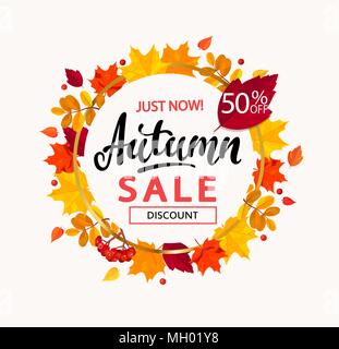 Helle Herbst Sale Banner im Kreis frame von Herbstlaub. Vector Illustration. Stock Vektor