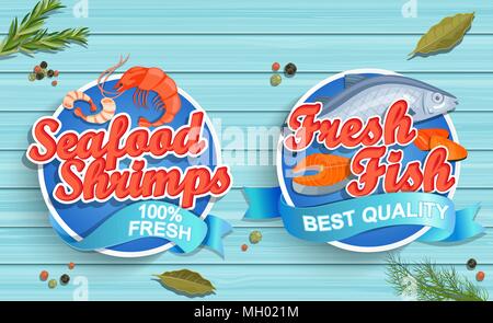 Meeresfrüchte Logos auf Blau Holz- Hintergrund. Meeresfrüchte Garnelen und frischen Fisch, Embleme und Logos. Vector Illustration. Stock Vektor