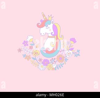 Süße Einhorn Prinzessin mit Blumen. Vector Illustration für Sie entwerfen. Stock Vektor