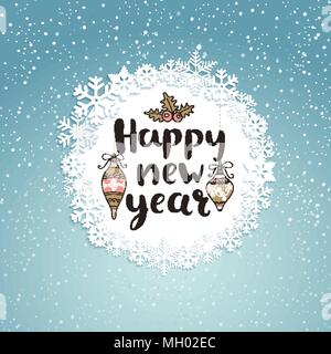 Frohes neues Jahr Grußkarte mit Schriftzug. Schneefall Hintergrund. Vector Illustration. Stock Vektor