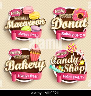 Satz von Essen Etiketten oder Aufklebern - Makronen, Donut, Bäckerei, Candy shop-Design Vorlage. Vector Illustration. Stock Vektor