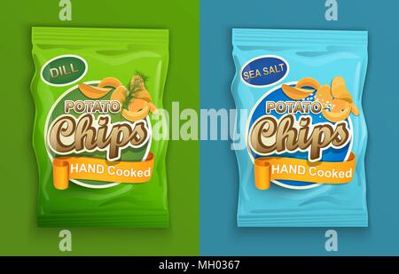 Satz von zwei Verpackungen mit Chips, mit Dill und mit Meersalz. Vector Illustration. Stock Vektor