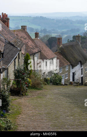 Traditionelle Cottages auf der Gold Hill in Shaftesbury North Dorset. Malerische und malerische Landschaft im Herzen der Grafschaft Dorset auf Gold Hill. Stockfoto