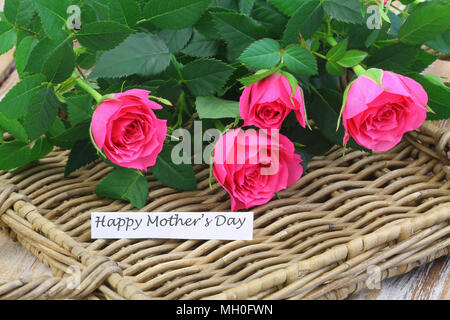 Glückliche Mütter Tag Karte mit einer rosa Wild Rose auf wicker Fach Stockfoto