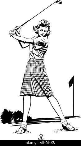 Frau Golfspieler 2 - Retro Clipart Illustration Stock Vektor