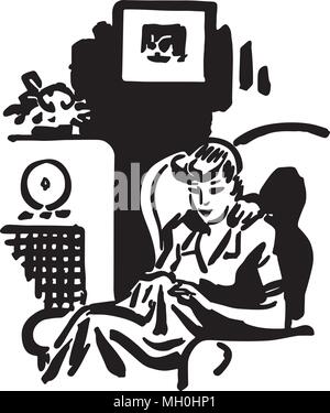 Frau hören Radio Show - Retro Clipart Illustration Stock Vektor