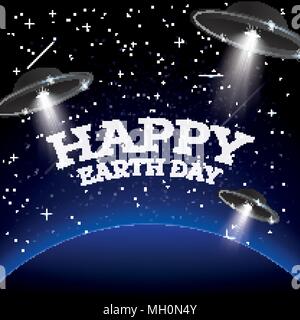 Happy Earth Day. Erde mit Stars und UFO. Platz. Vector Illustration. Stock Vektor