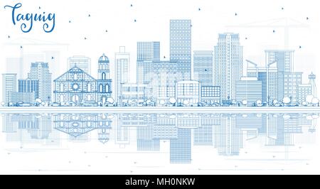 Umrisse Taguig Philippinen Skyline mit blauen Gebäude und Reflexionen. Vector Illustration. Business Travel und Tourismus Konzept mit modernen Architekten Stock Vektor