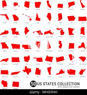 50 US-Staaten Vektor Sammlung. High-Detailed Rot Silhouette Karten aller 50 Staaten. US-Staaten mit vollem Namen Stock Vektor