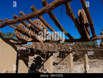 Holz- Räder in der Alten haddaj, Provinz Tabuk, Tayma, Saudi-Arabien Stockfoto