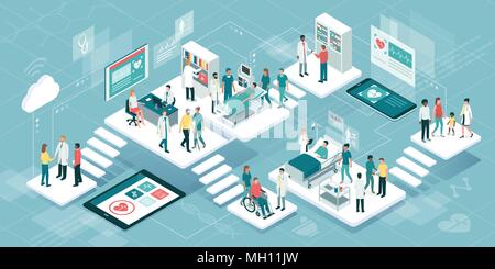 Isometrische virtuelle medizinische Klinik mit Zimmer, Patienten und Ärzte: Medizin, Healthcare und Technologie Konzept Stock Vektor