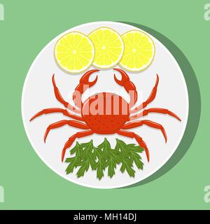 Große Rote Krabben auf weiße Platte mit Zitronenscheiben und Kräutern. Vektor flachbild Abbildung Stock Vektor