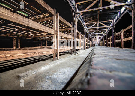 Das Innere der Baracke Gebäude, die zeigen, wie die Gefangenen in Etagenbetten und gemeinsame Toiletten im Konzentrationslager Auschwitz-Birkenau untergebracht waren, Stockfoto
