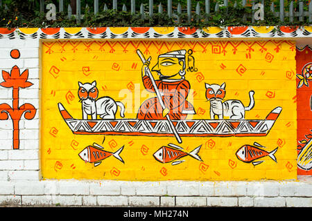 Der Universität von Dhaka Bildende Kunst (FFA) Student Farben ihres Instituts an der Wand kommenden Bengali Neues Jahr 1425 in Dhaka, Bangladesch zu feiern. Stockfoto