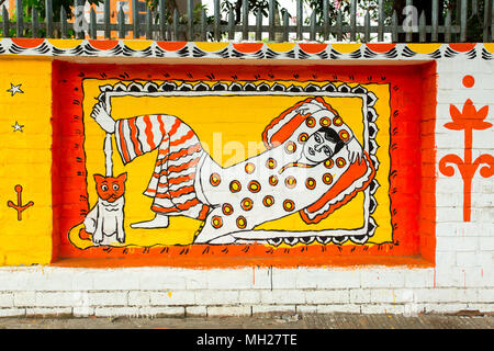 Der Universität von Dhaka Bildende Kunst (FFA) Student Farben ihres Instituts an der Wand kommenden Bengali Neues Jahr 1425 in Dhaka, Bangladesch zu feiern. Stockfoto