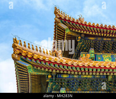 Detail der farbenfroh gestalteten Traufen und Dach Zauber auf die Halle der Höchsten Harmonie, die Verbotene Stadt, Beijing, China. Stockfoto