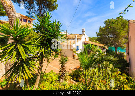 Tropische Pflanzen in Garten und Blick auf die typisch Spanische Haus in Cala Figuera, Mallorca, Spanien Stockfoto