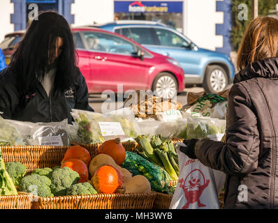 Frau kaufen Gemüse am Phantassie outdoor Marktstand, Haddington Farmers Market, Place d'Aubigny, Court Street, East Lothian, Großbritannien an einem sonnigen Tag Winter Stockfoto