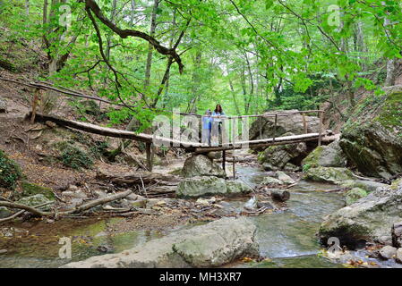 Touristen auf einer hölzernen Brücke am Wasserfall Wasserfall Jur-Jur o Stockfoto